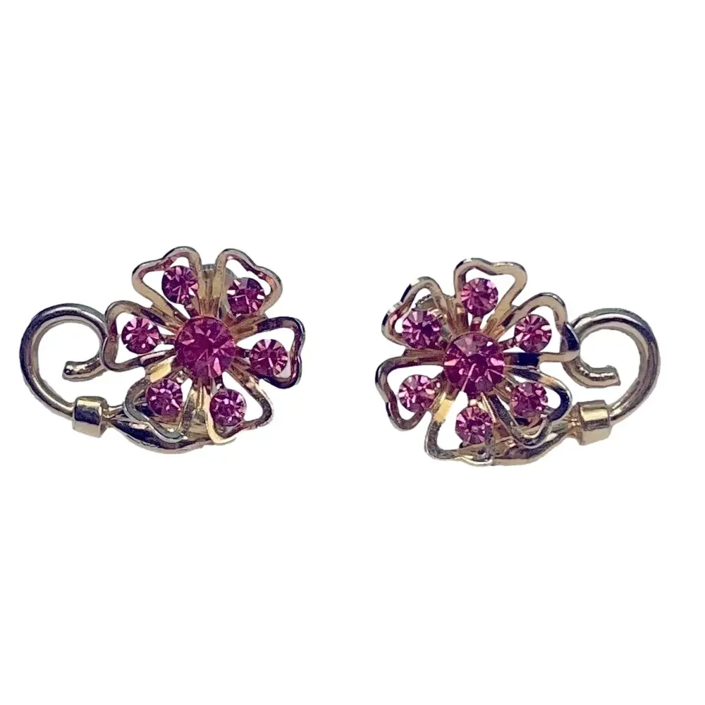 Vintage CORO 1950s Pink Rhinestone Floral Demi-Parure Brooch Earrings Set